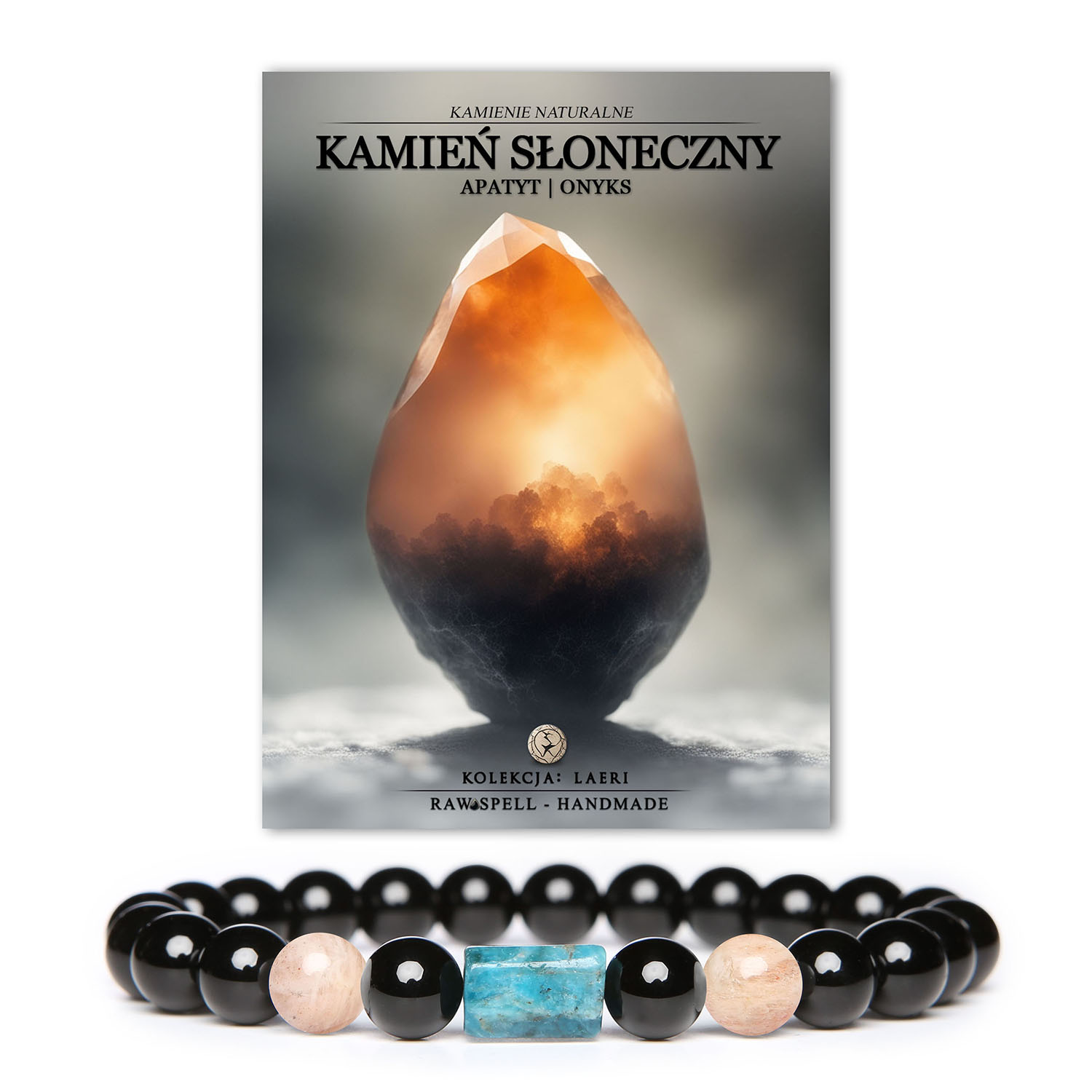 Bransoletka Laeri z kamieniami naturalnymi: Kamień Słoneczny, Apatyt i Onyks, idealna dla kobiet i mężczyzn.