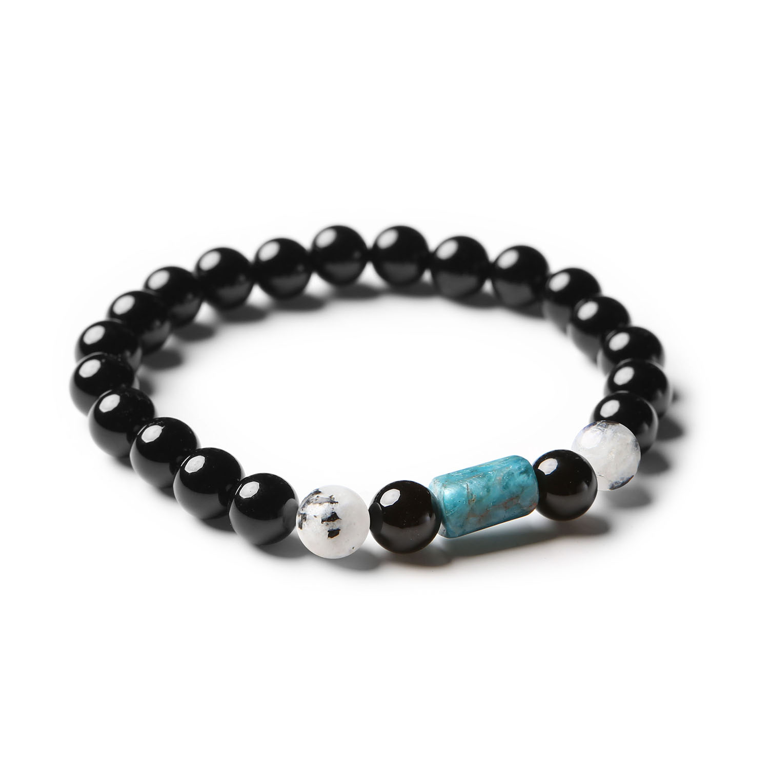 Bransoletka z kolekcji Laeri, wykonana z Kamienia Księżycowego Łaciatego, Apatytu i Onyksu, elegancka propozycja dla kobiet i mężczyzn.