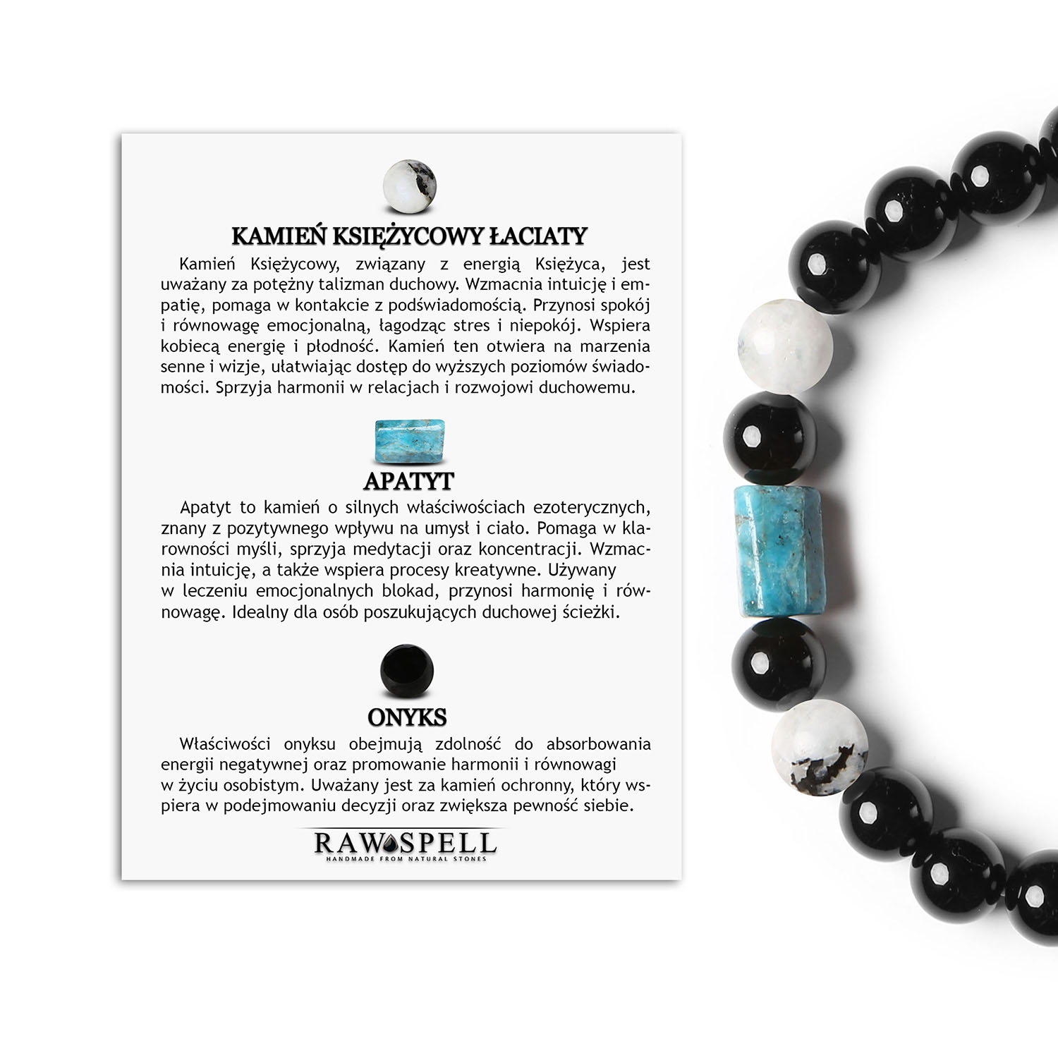 Laeri Collection - Bransoletka z Długoterminową Właścicieliem Kamieni Kamień Księżycowy Łaciaty, Apatyt i Onyks Stylowa bransoletka Laeri z naturalnymi kamieniami: Kamień Księżycowy Łaciaty, Apatyt i Onyks, dedykowana dla wszystkich.