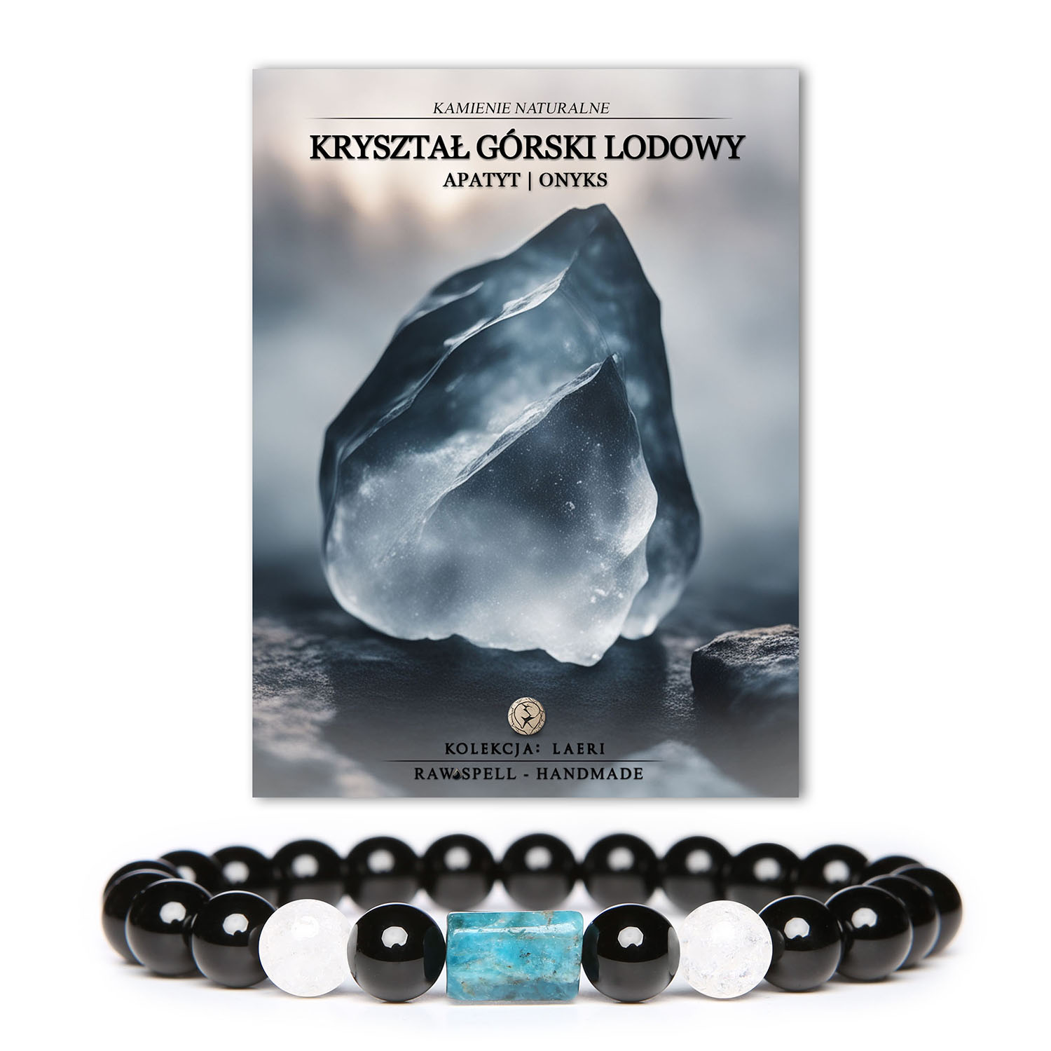 Bransoletka Laeri z połączeniem kamieni naturalnych: Kryształ Górski Lodowy, Apatyt i Onyks, uniwersalna dla kobiet i mężczyzn.
