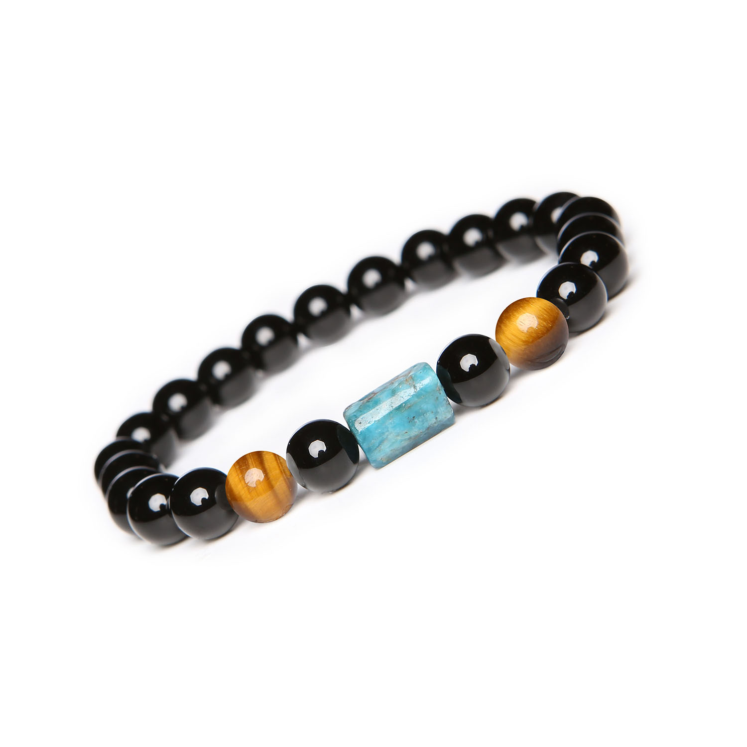 Laeri bransoletka na gumce z Tygrysim Okiem, Apatytem i Onyksami, idealna dla kobiet i mężczyzn Bransoletka gumowa Laeri z Tygrysim Okiem, Apatytem i Onyksami, doskonała dla obu płci