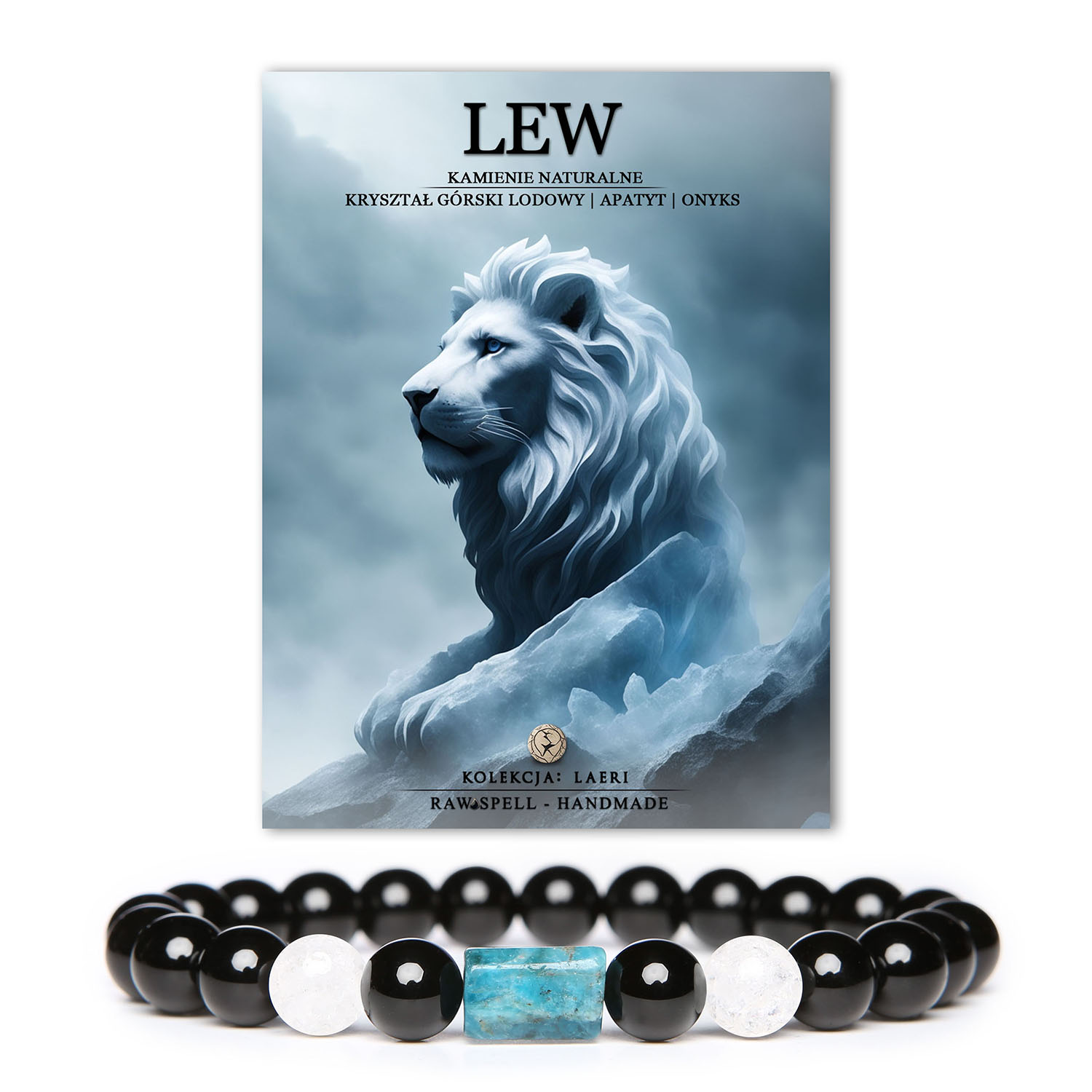 Zodiakalny Lew - bransoletka z kryształem górskim, apatytami i onyksem, która przyciąga uwagę i wyzwala wewnętrzną siłę.