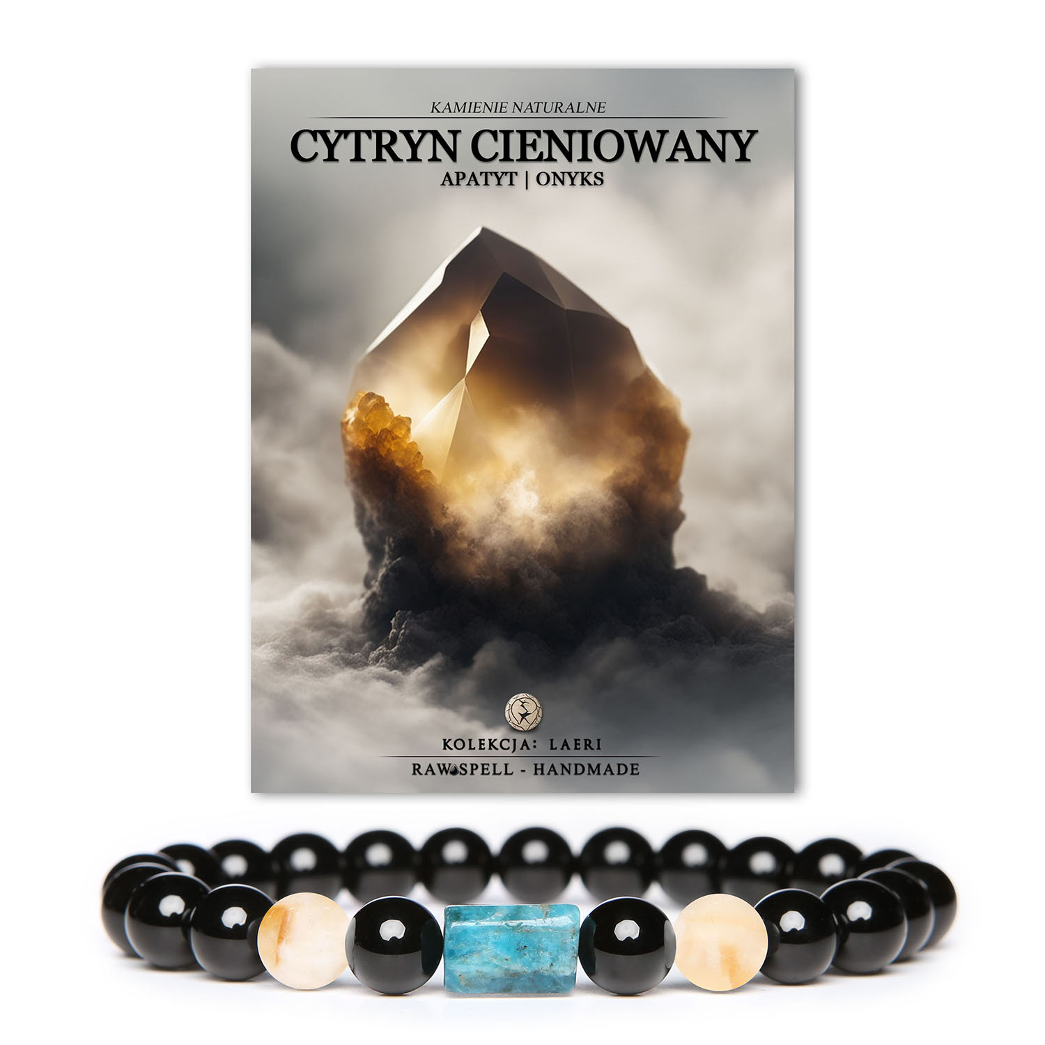 Bransoletka z naturalnych kamieni Laeri z cytrynem cieniowanym, apatytowym i onyksowym, stworzona dla kobiet i mężczyzn.