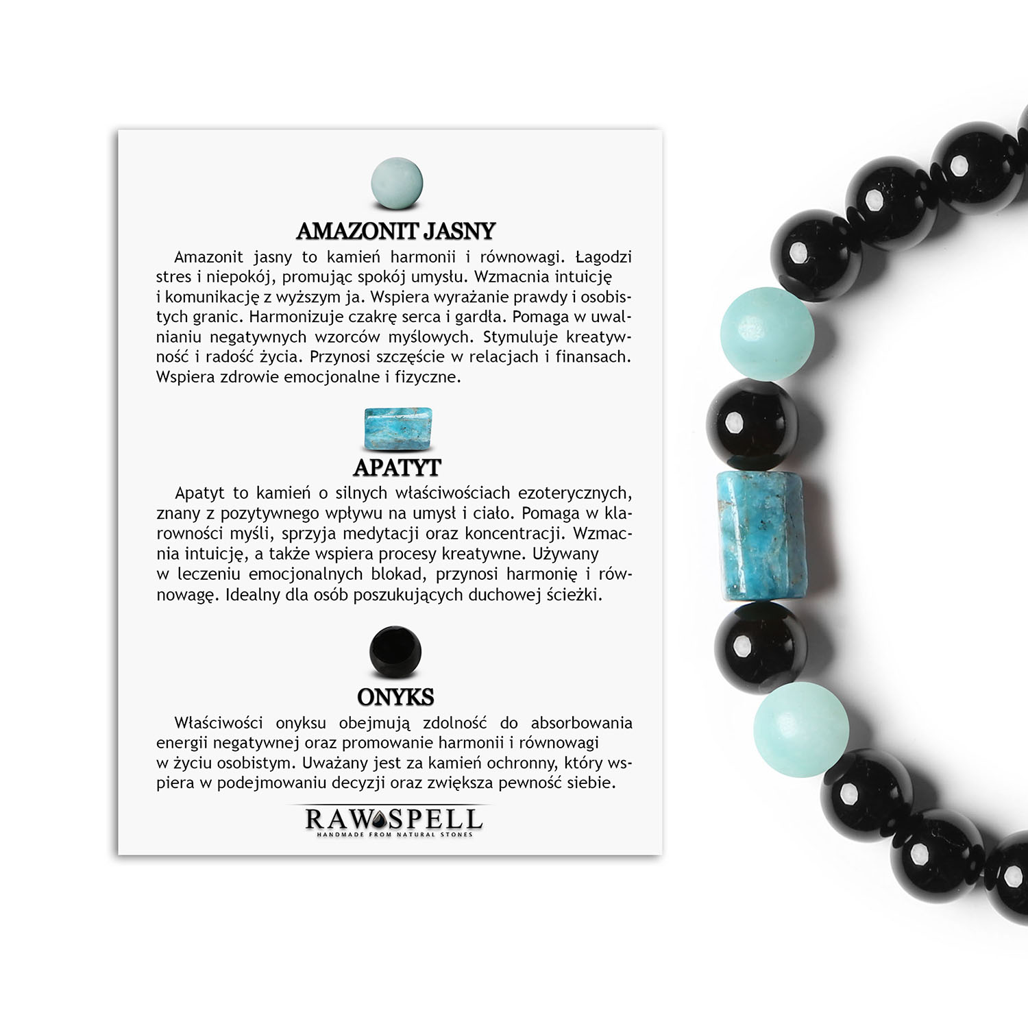 Modna bransoletka na gumce z kolekcji Laeri, zawierająca amazonit jasny, apatyt i onyks, doskonała dla obu płci Kolekcja Laeri: bransoletka z jasnym amazonitem, apatytami i onyksami, stworzona z myślą o kobietach i mężczyznach.