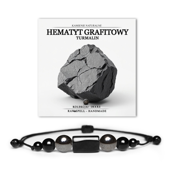 Bransoletka męska i damska z kolekcji Inare, wykonana z naturalnych kamieni hematytu grafitowego i turmalinu.
