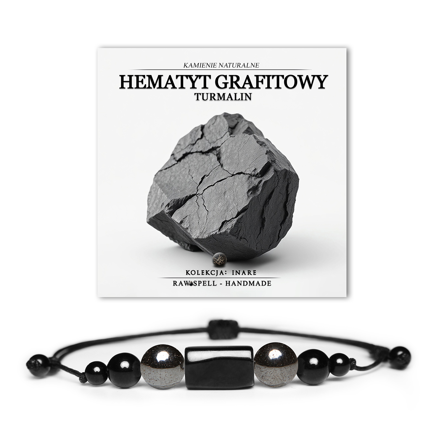 Bransoletka męska i damska z kolekcji Inare, wykonana z naturalnych kamieni hematytu grafitowego i turmalinu.