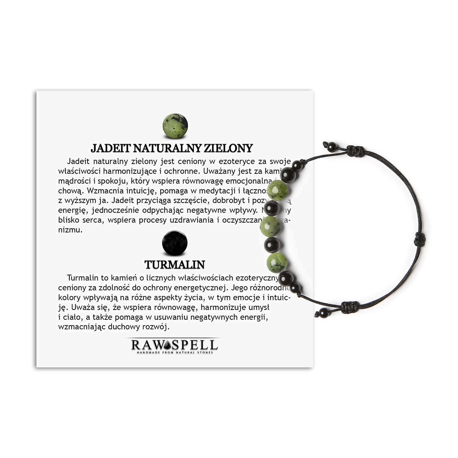 Modna bransoletka z jadeitu zielonego i turmalinu z kolekcji Haka, dostępna zarówno dla kobiet, jak i mężczyzn Bransoletka męska i damska z kolekcji Haka, wykonana z naturalnych kamieni, w tym zielonego jadeitu i turmalinu.