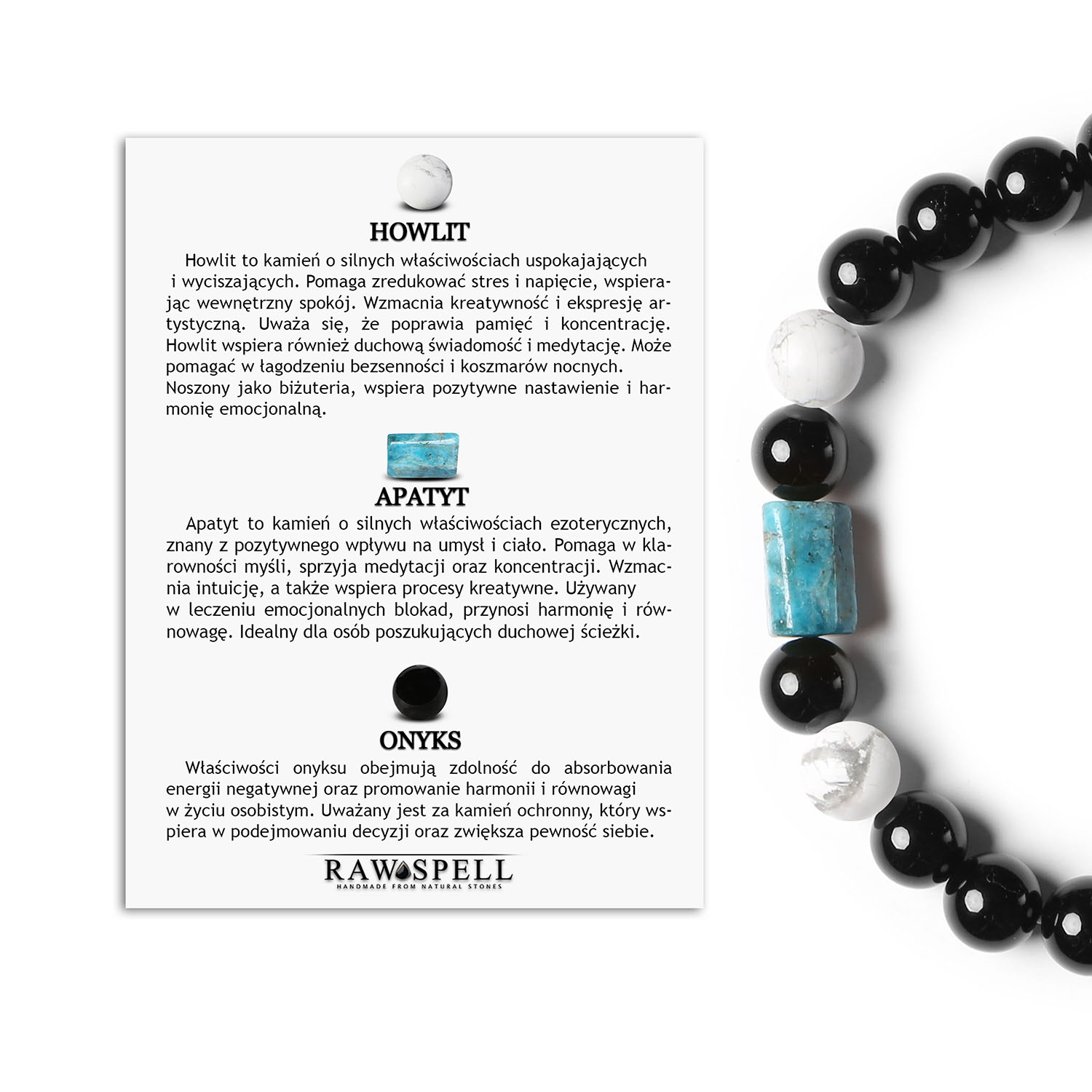 Nowa Bransoletka Laeri - Howlit Apatyt Onyks Dla Kobiet i Mężczyzn Bransoletka Laeri z naturalnymi kamieniami: Howlit, Apatyt i Onyks, idealna dla kobiet i mężczyzn.