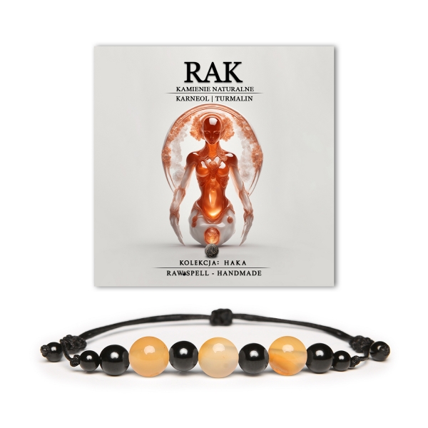 Elegancka bransoletka na sznurku z kamieni naturalnych, w kolekcji Haka, inspirowana znakiem Raka, z karneolem i turmalinem, uniwersalna dla obu płci.