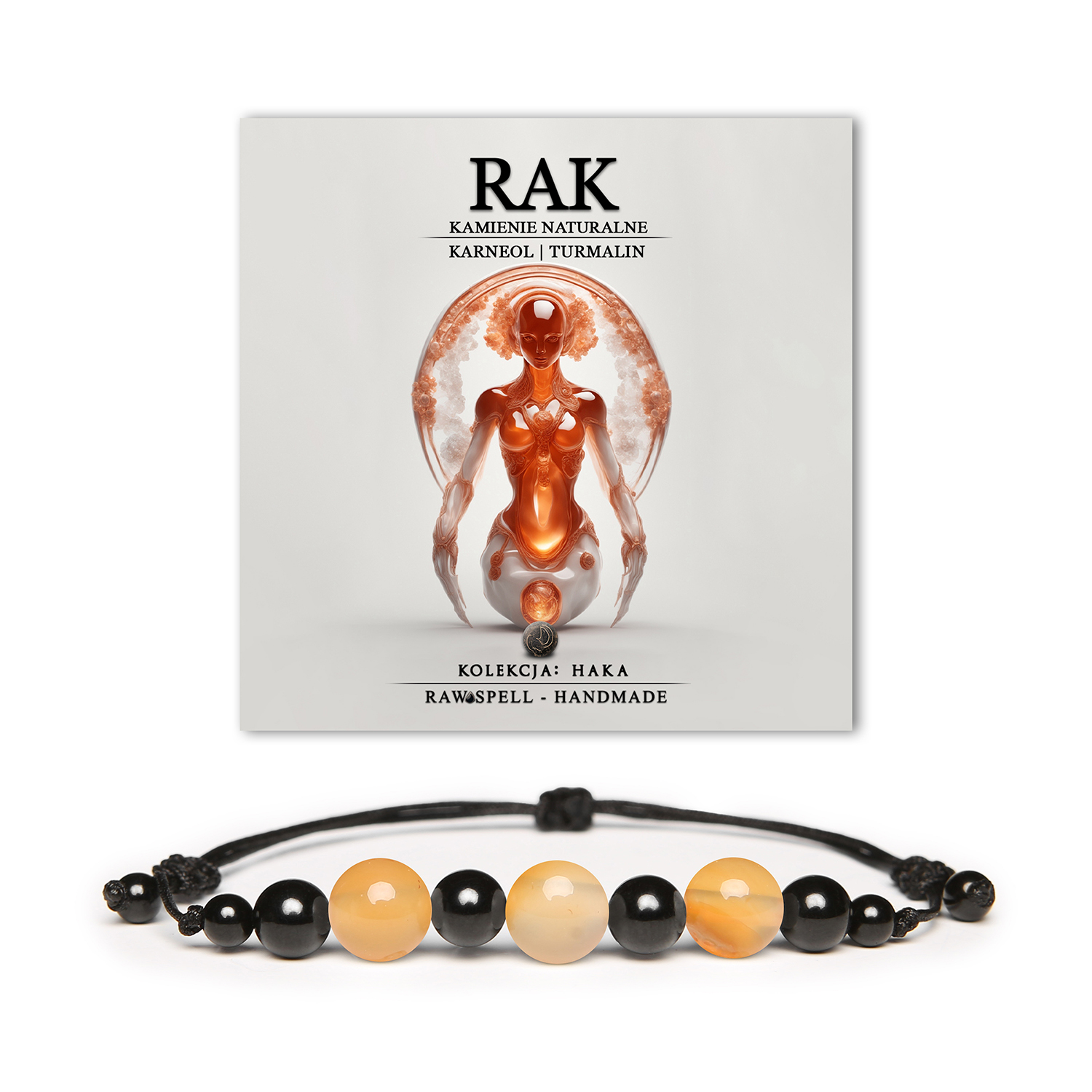 Elegancka bransoletka na sznurku z kamieni naturalnych, w kolekcji Haka, inspirowana znakiem Raka, z karneolem i turmalinem, uniwersalna dla obu płci.