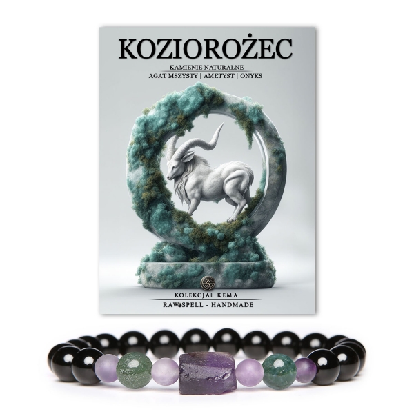 Elegancka bransoletka dla Koziorożca wykonana z naturalnych kamieni: Ametyst, Onyks, Agat Mszysty, pasująca zarówno dla kobiet, jak i mężczyzn.