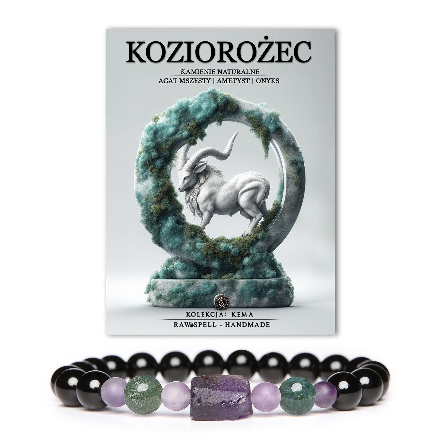 Elegancka bransoletka dla Koziorożca wykonana z naturalnych kamieni: Ametyst, Onyks, Agat Mszysty, pasująca zarówno dla kobiet, jak i mężczyzn.