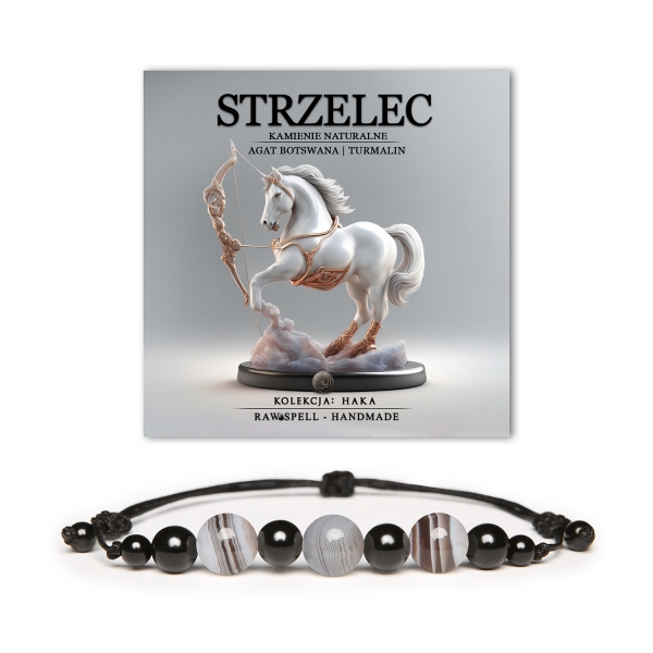 Elegancka bransoletka Strzelca z Agatu Botswańskiego i Turmalinu, idealna dla miłośników astrologii. Męska i damska, z kolekcji Haka.