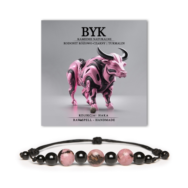 Stylowa bransoletka na sznurku dla Byka, wykonana z rodonitu i turmalinu, zaprojektowana w kolekcji Haka – uniwersalna biżuteria dla każdego.