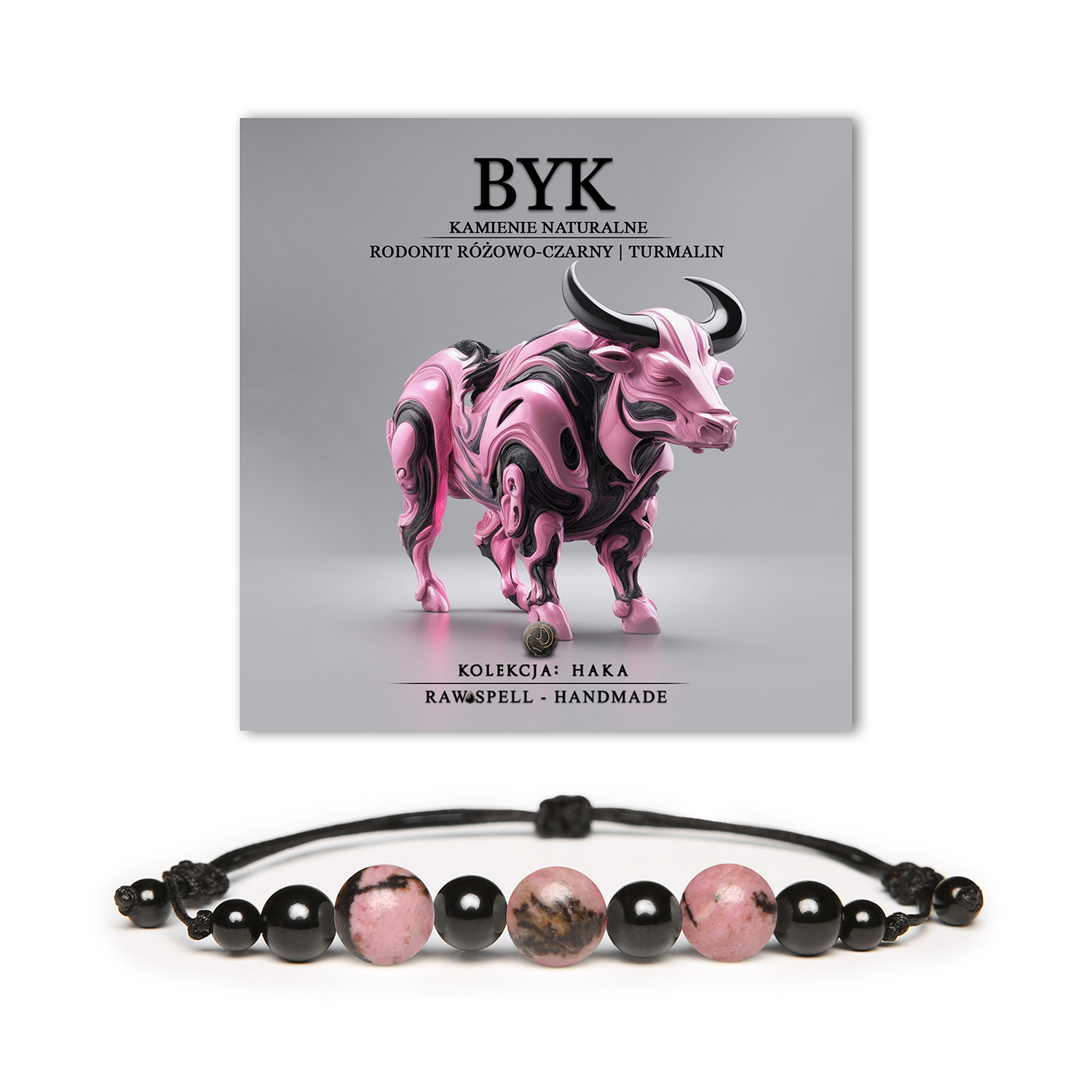 Stylowa bransoletka na sznurku dla Byka, wykonana z rodonitu i turmalinu, zaprojektowana w kolekcji Haka – uniwersalna biżuteria dla każdego.