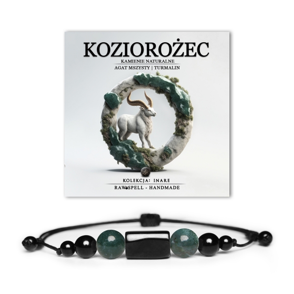 Bransoletka na sznurku z naturalnymi kamieniami - Agat Mszysty i Turmalin, reprezentująca znak zodiaku Koziorożec, idealna dla kobiet i mężczyzn.
