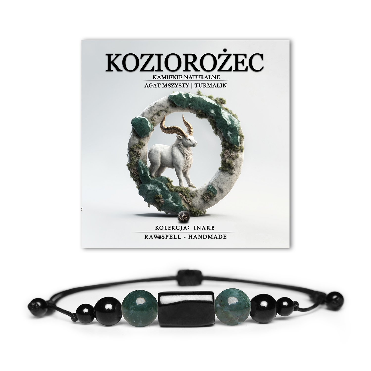 Bransoletka na sznurku z naturalnymi kamieniami - Agat Mszysty i Turmalin, reprezentująca znak zodiaku Koziorożec, idealna dla kobiet i mężczyzn.