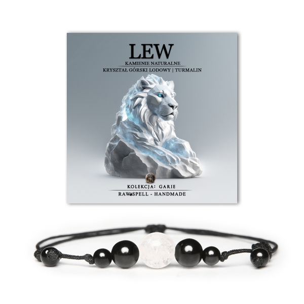 Stylowa bransoletka z kolekcji Garie, dla miłośników Lwa, wykonana z Kryształu Górskiego Lodowego i Turmalinu, dostępna w wersji damskiej i męskiej.