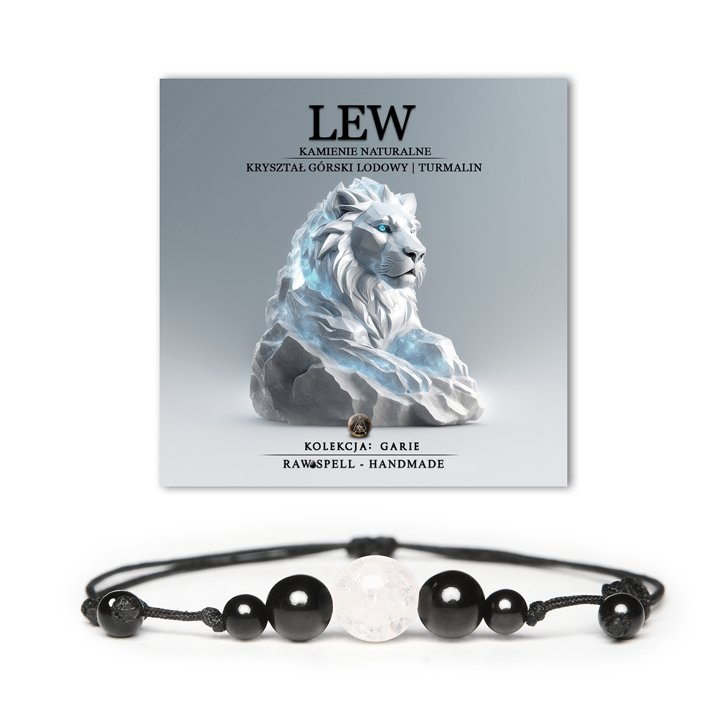 Stylowa bransoletka z kolekcji Garie, dla miłośników Lwa, wykonana z Kryształu Górskiego Lodowego i Turmalinu, dostępna w wersji damskiej i męskiej.