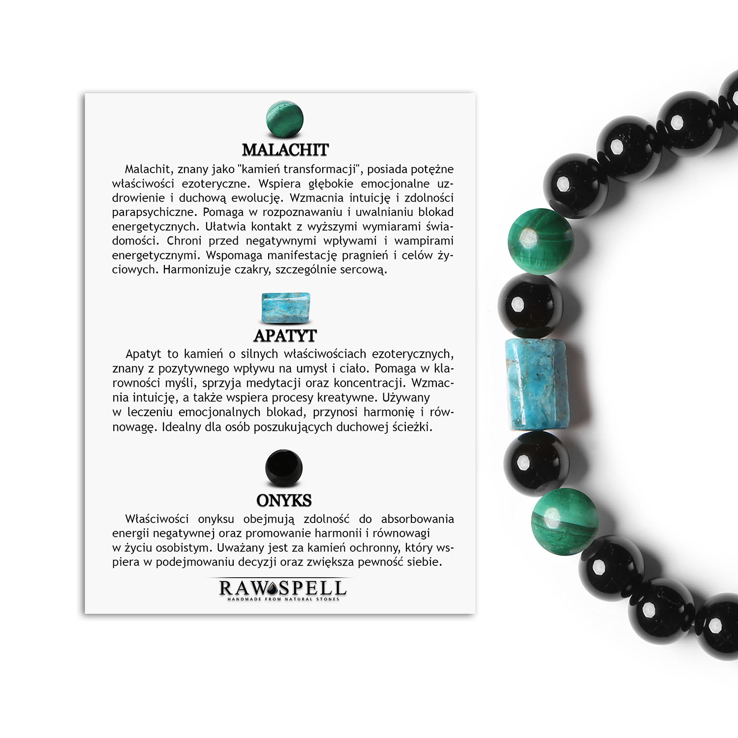 Oryginalna bransoletka Laeri na gumce z malachitu, apatytu oraz onyksu, stworzona dla kobiet i mężczyzn Bransoletka z kolekcji Laeri z naturalnymi kamieniami: malachitem, apatyt i onyksami, idealna dla kobiet i mężczyzn.