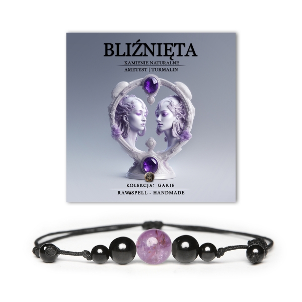 Stylowa bransoletka z kolekcji Garie, inspirowana znakiem Bliźnięta, z kamieniami ametystu i turmalinu. Idealna dla każdego.