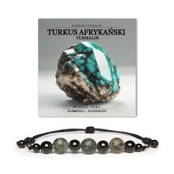 Bransoletka z kolekcji Haka z kamieniami naturalnymi: turkus afrykański i turmalin, dostępna w wersji damskiej i męskiej.
