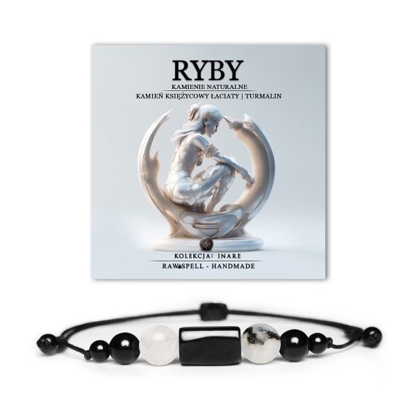 Elegancka bransoletka na sznurku z kolekcji Inare, ozdobiona naturalnymi kamieniami: Kamieniem Księżycowym Łaciatym i Turmalinem, dla ryb i ich miłośników.