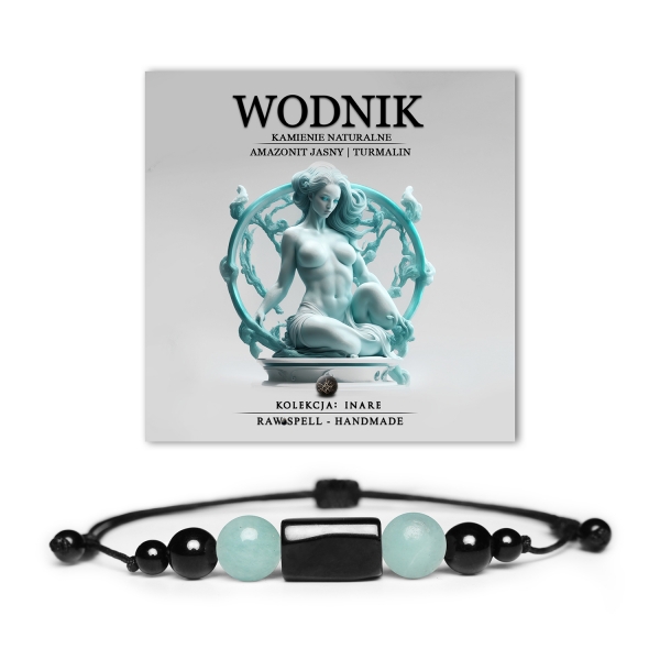 Stylowa bransoletka na sznurku z kamieniami naturalnymi, w składzie amazonit jasny i turmalin, dedykowana Wodnikom. Kolekcja Inare.