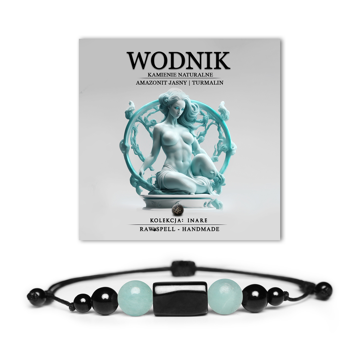 Stylowa bransoletka na sznurku z kamieniami naturalnymi, w składzie amazonit jasny i turmalin, dedykowana Wodnikom. Kolekcja Inare.