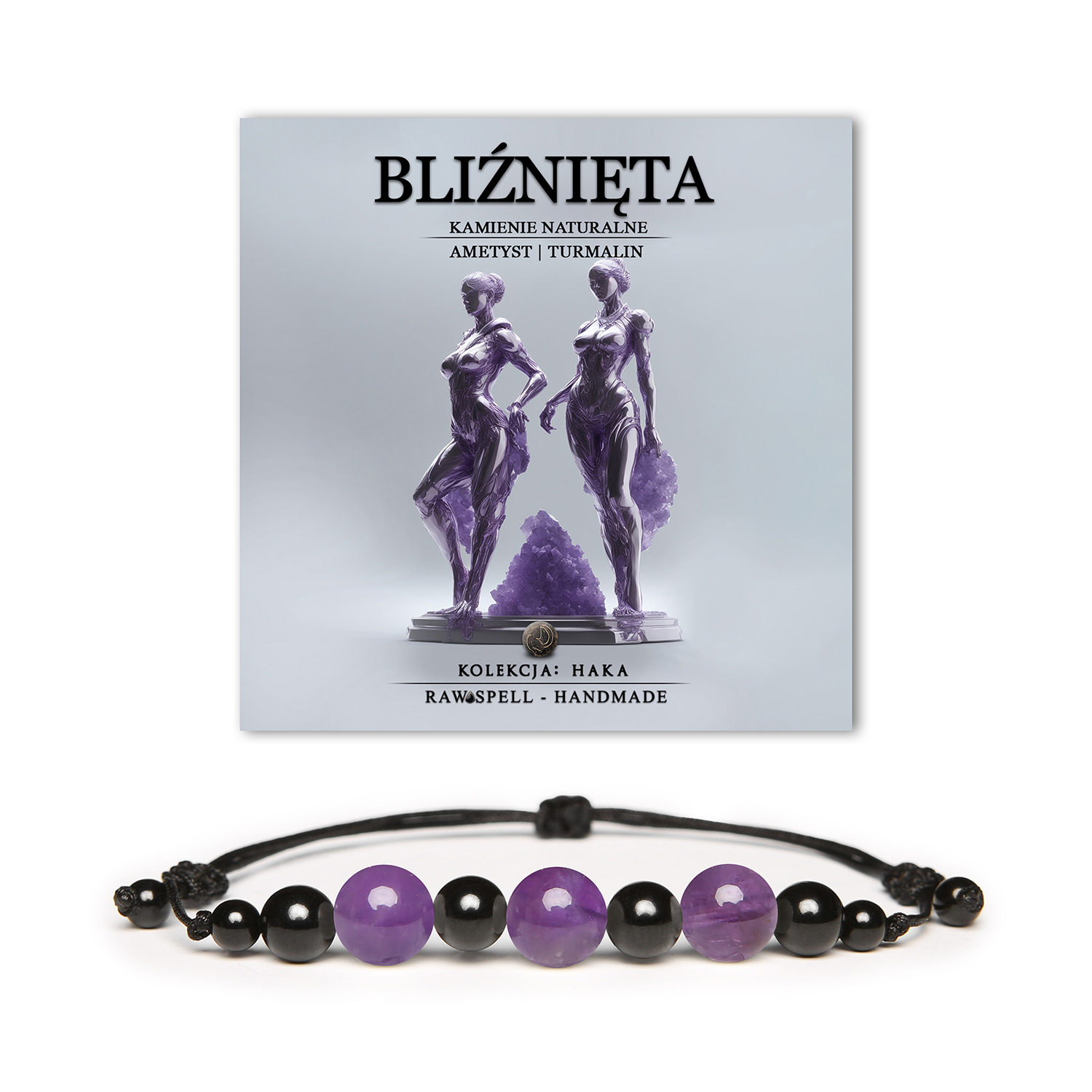 Bransoletka Haka dla Bliźniąt z ametystu i turmalinu. Uniseksowa biżuteria z naturalnych kamieni – idealna dla niej i dla niego.