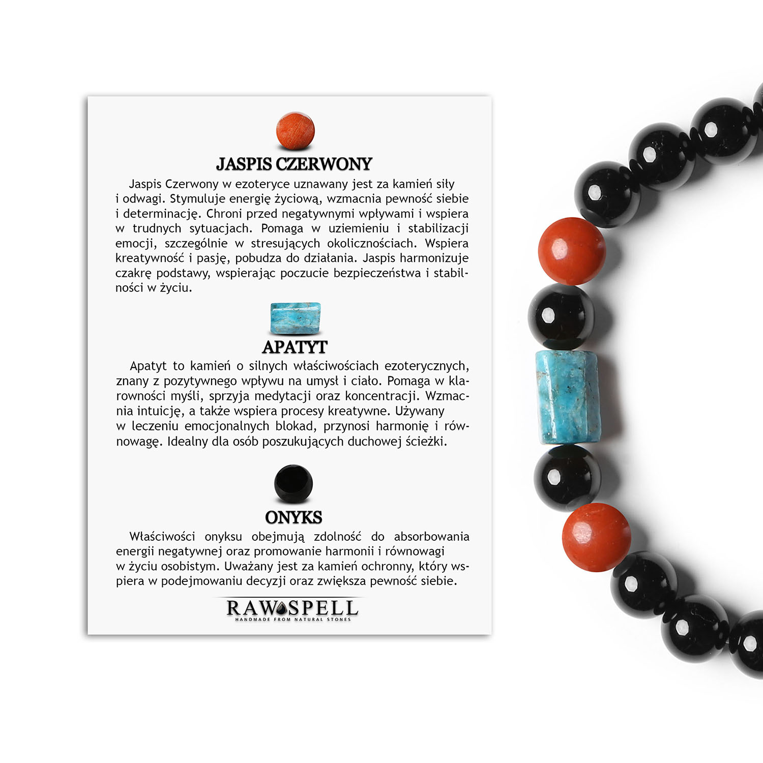 Stylowa bransoletka na gumce Laeri - Jaspis Czerwony, Apatyt, Onyks, dla każdego Mężczyzny i Kobiety Bransoletka Laeri z jaspisem czerwonym, apatyt i onyksem, wykonana z naturalnych kamieni – modny wybór dla wszystkich płci.