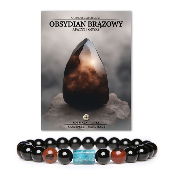 Bransoletka z kolekcji Laeri, wykonana z brązowego obsydianu, apatytu i onyksu, przeznaczona dla kobiet i mężczyzn.