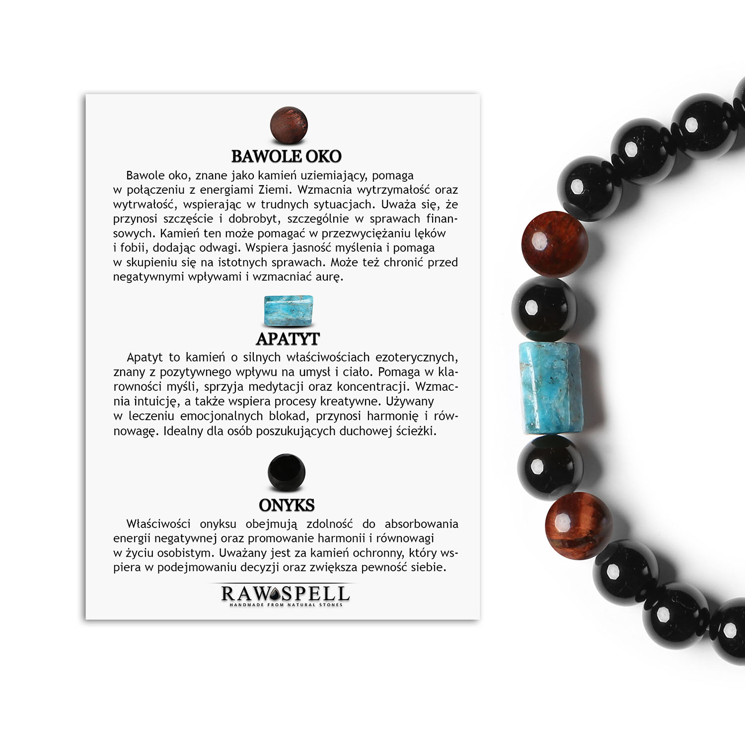 Stylowa bransoletka na gumce z kolekcji Laeri Bawole Oko, Apatyt, Onyks dla kobiet i mężczyzn Bransoletka Laeri z naturalnymi kamieniami: Bawole Oko, Apatyt i Onyks, idealna dla kobiet i mężczyzn