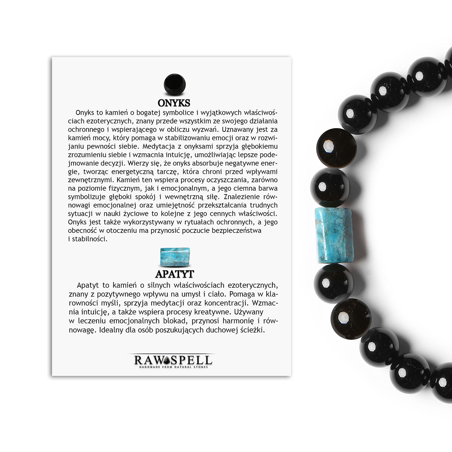 Stylowa bransoletka na gumce z kolekcji Laeri, onyks i apatyt dla kobiet i mężczyzn Bransoletka Laeri z naturalnymi kamieniami: onyksem i apatytu, idealna dla kobiet i mężczyzn.