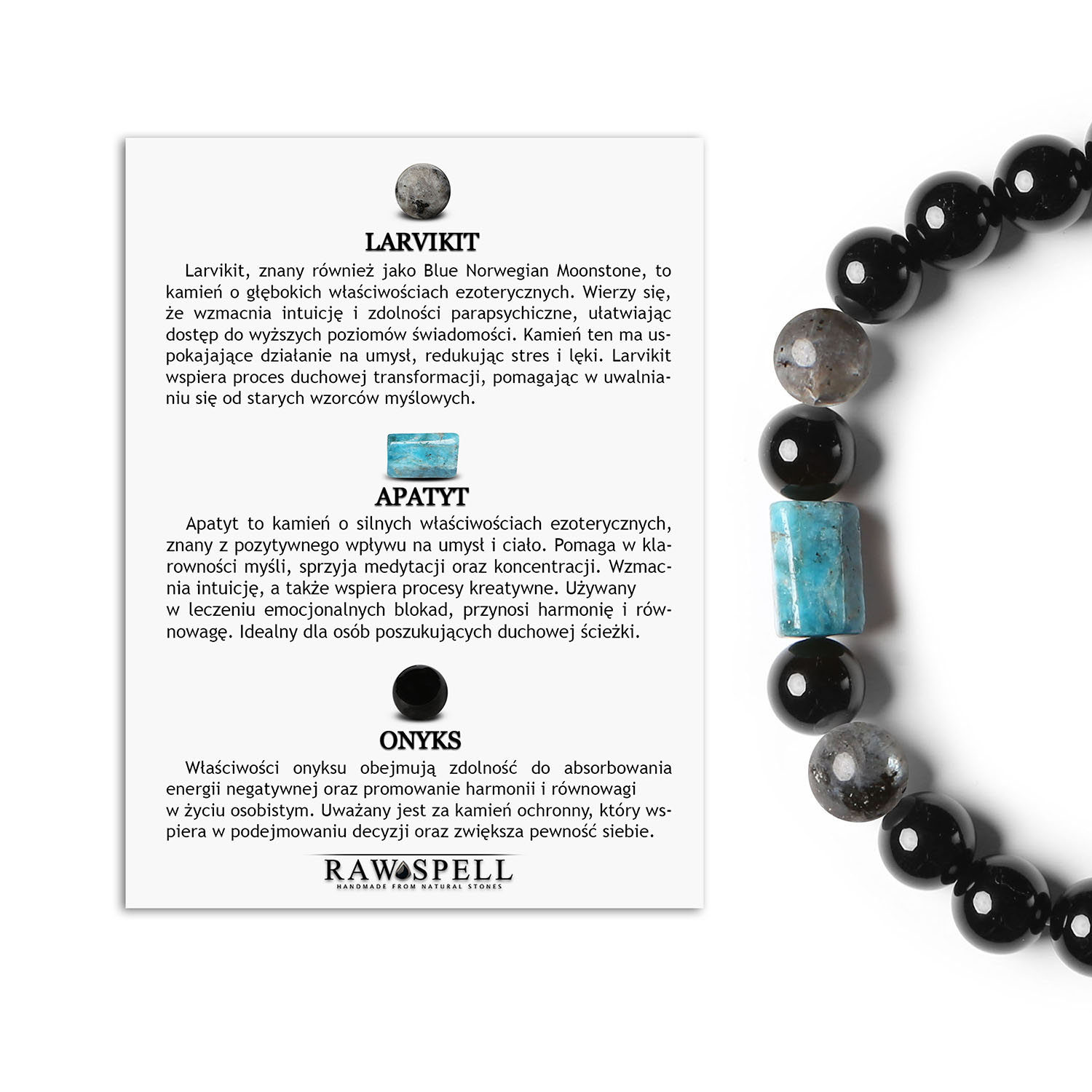 Stylowa bransoletka na gumce z kolekcji Laeri, wykonana z Larvikitu, Apatyty i Onyksu – unisex Bransoletka Laeri wykonana z naturalnych kamieni: larvikit, apatyt i onyks, idealna dla kobiet i mężczyzn.