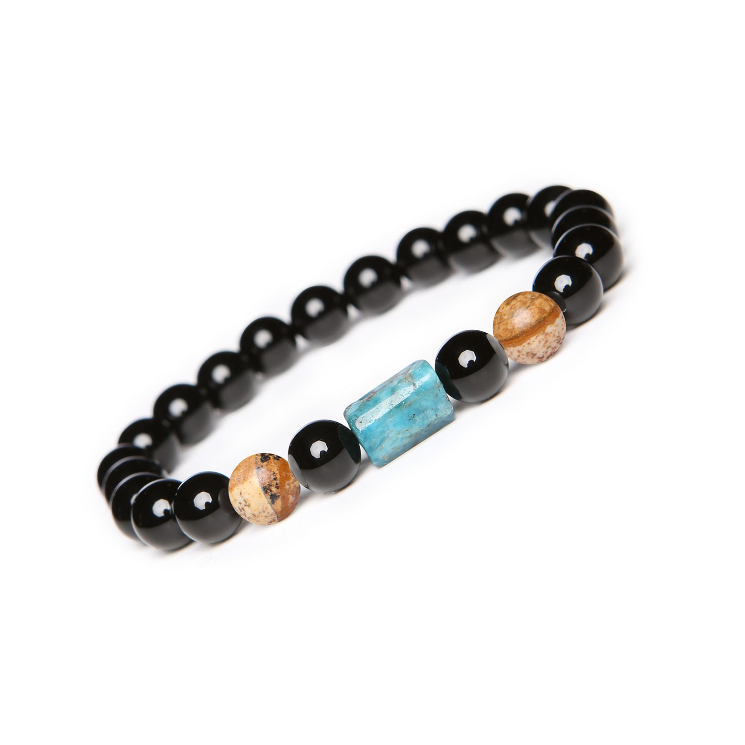 Stylowa bransoletka na gumce z kolekcji Laeri z jaspisem obrazkowym, apatytą i onyksu, idealna dla kobiet i mężczyzn Bransoletka Laeri z naturalnymi kamieniami: jaspis obrazkowy, apatyt i onyks, idealna dla kobiet i mężczyzn.