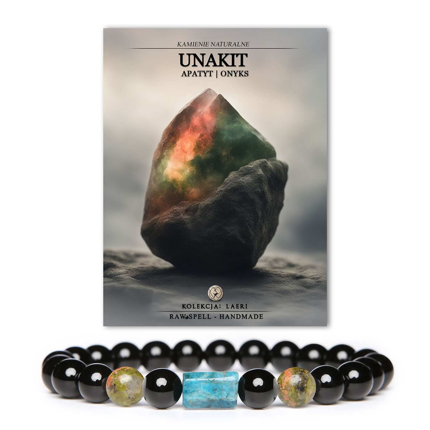 Stylowa bransoletka z kolekcji Laeri, wykonana z unakitu, apatytu i onyksu - idealna dla każdego.