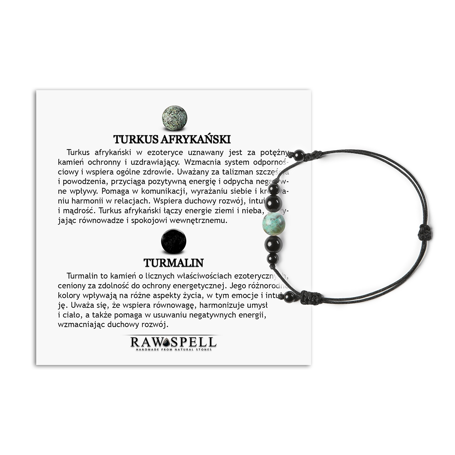 Stylowa bransoletka na sznurku Garie z howlitem i turmalinem, uniwersalna dla każdego Bransoletka z kolekcji Garie z naturalnymi kamieniami: turkus afrykański i turmalin, dostępna w wersji damskiej i męskiej.