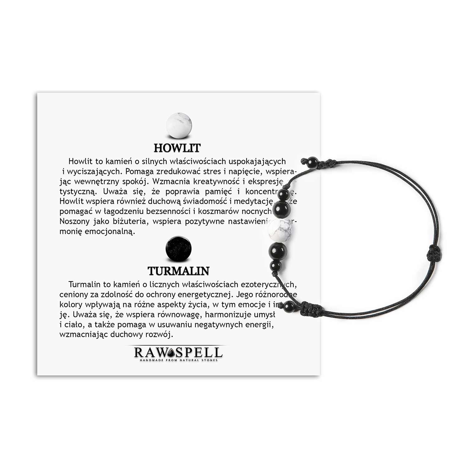 Stylowa bransoletka na sznurku Garie z howlitem i turmalinem, uniwersalna dla każdego Bransoletka z kolekcji Garie wykonana z naturalnych kamieni: howlit i turmalin, dostępna w wersji damskiej i męskiej.