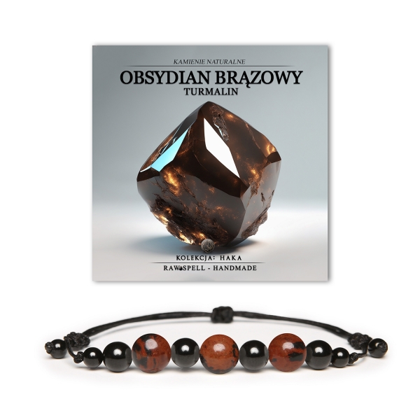 Bransoletka Haka z naturalnych kamieni - brązowy obsydian i turmalin, unisex, odpowiednia dla kobiet i mężczyzn.