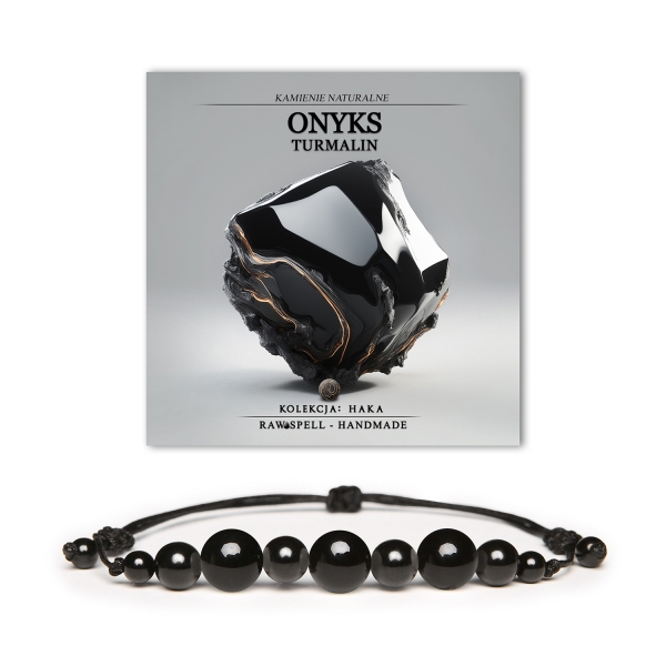 Bransoletka z kolekcji Haka, stworzona z naturalnych kamieni onyksu i turmalinu, odpowiednia dla kobiet i mężczyzn.
