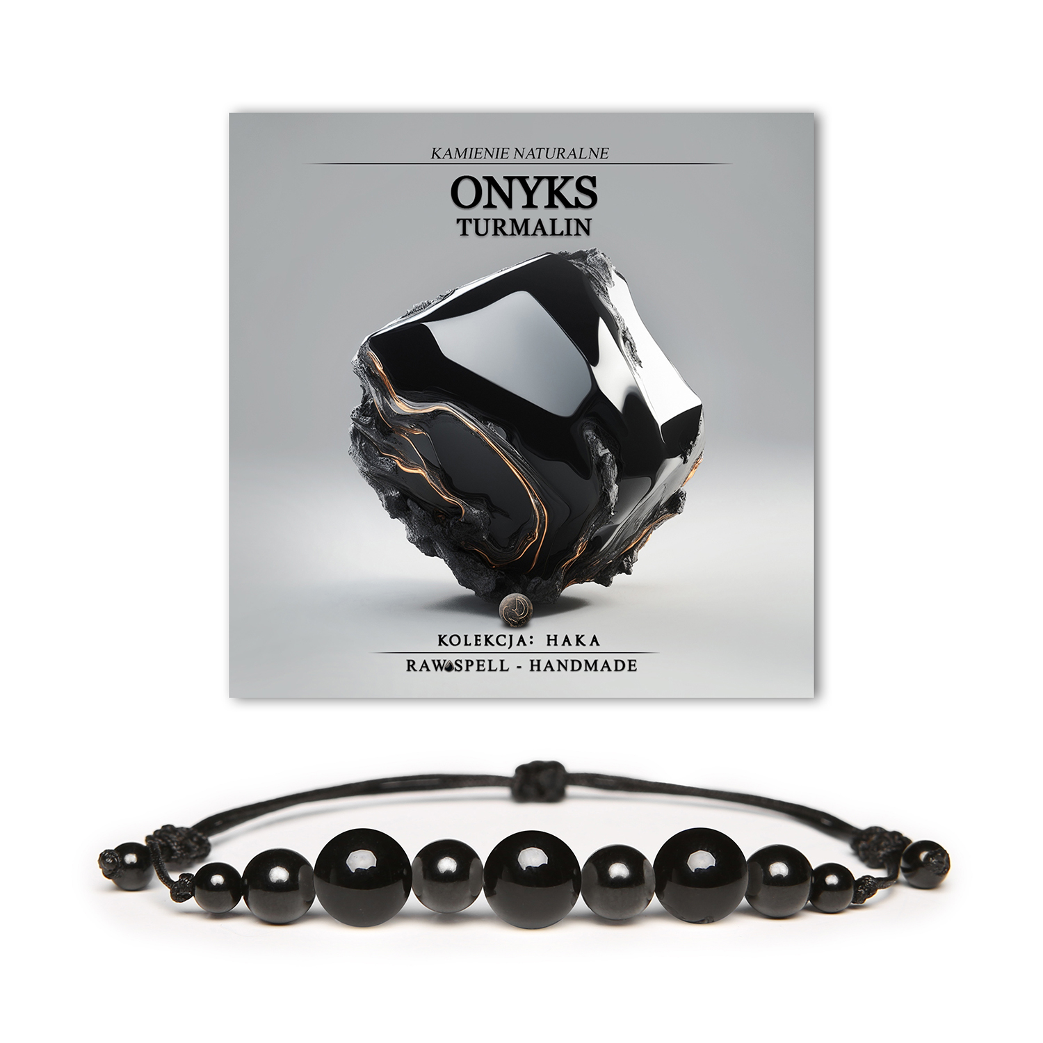 Bransoletka z kolekcji Haka, stworzona z naturalnych kamieni onyksu i turmalinu, odpowiednia dla kobiet i mężczyzn.
