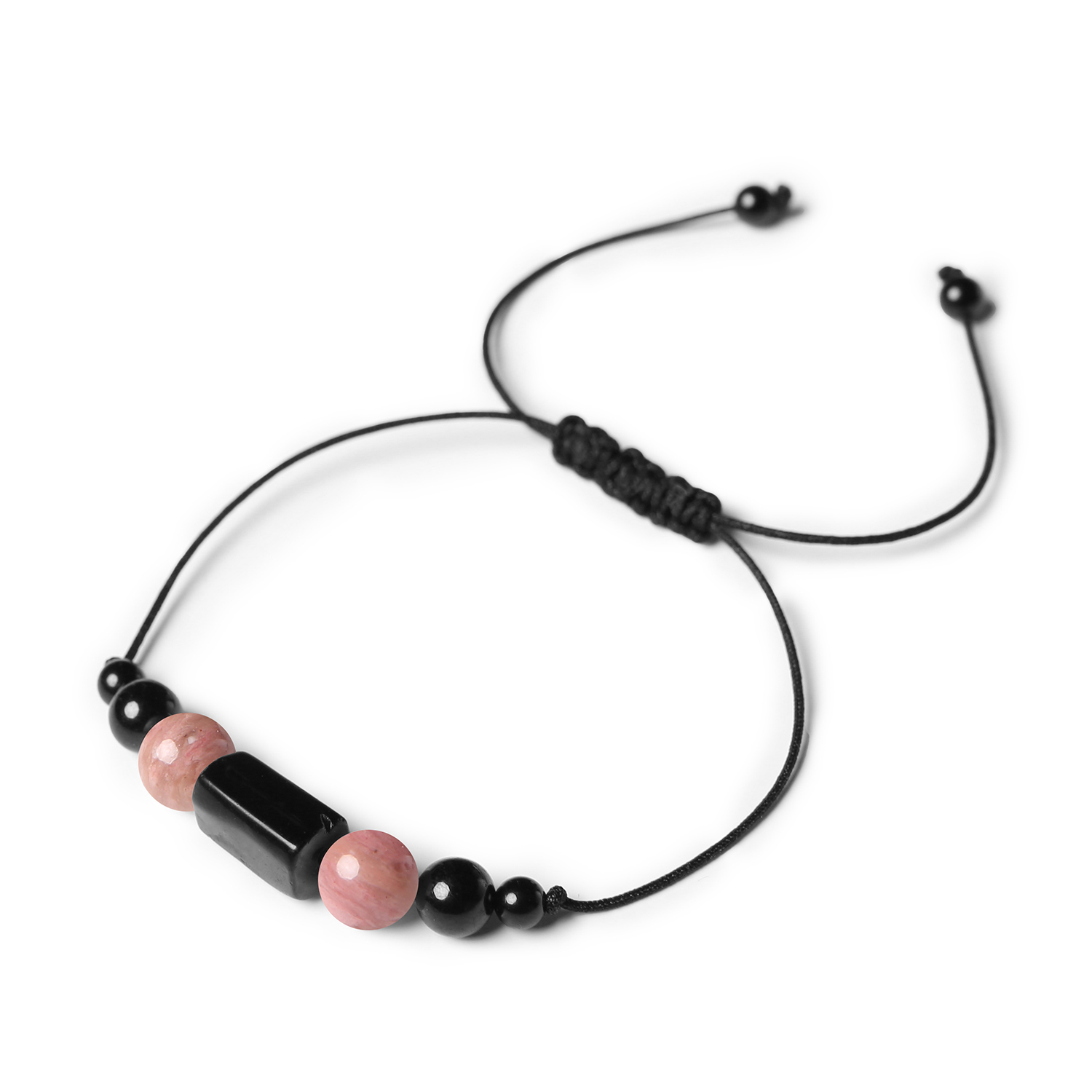 Stylowa bransoletka na sznurku Inare, wykonana z rodonitu różowego i turmalinu, dostępna dla każdego Stylowa bransoletka Inare wykonana z różowego rodonitu oraz turmalinu, doskonała dla kobiet i mężczyzn.