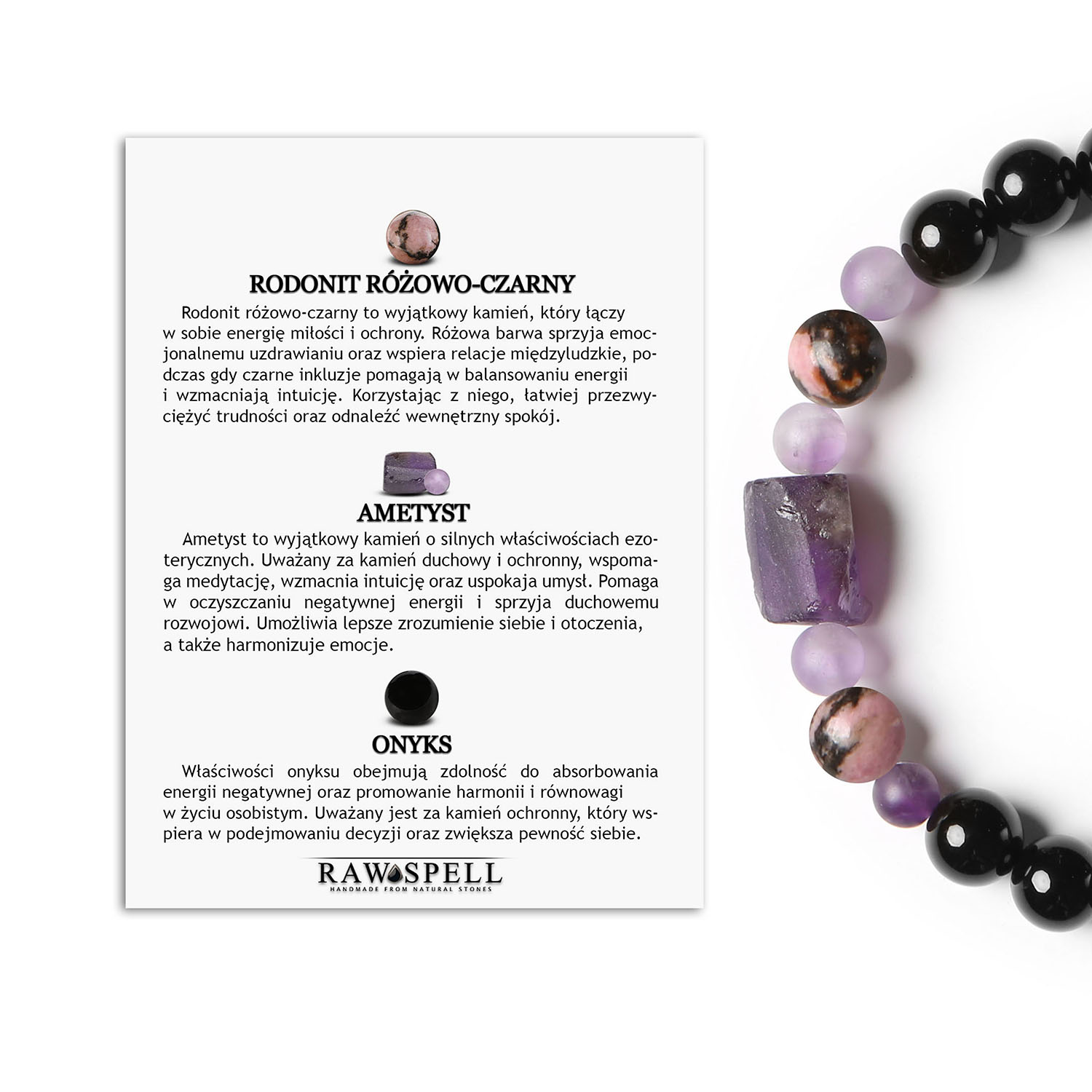 Stylowa bransoletka na sznurku Kema z rodonitem różowo-czarnym, ametystem i onyksami, dla kobiet i mężczyzn Bransoletka damska i męska z kolekcji Kema, ozdobiona kamieniami naturalnymi: różowo-czarnym rodonitem, ametystem oraz onyksami.