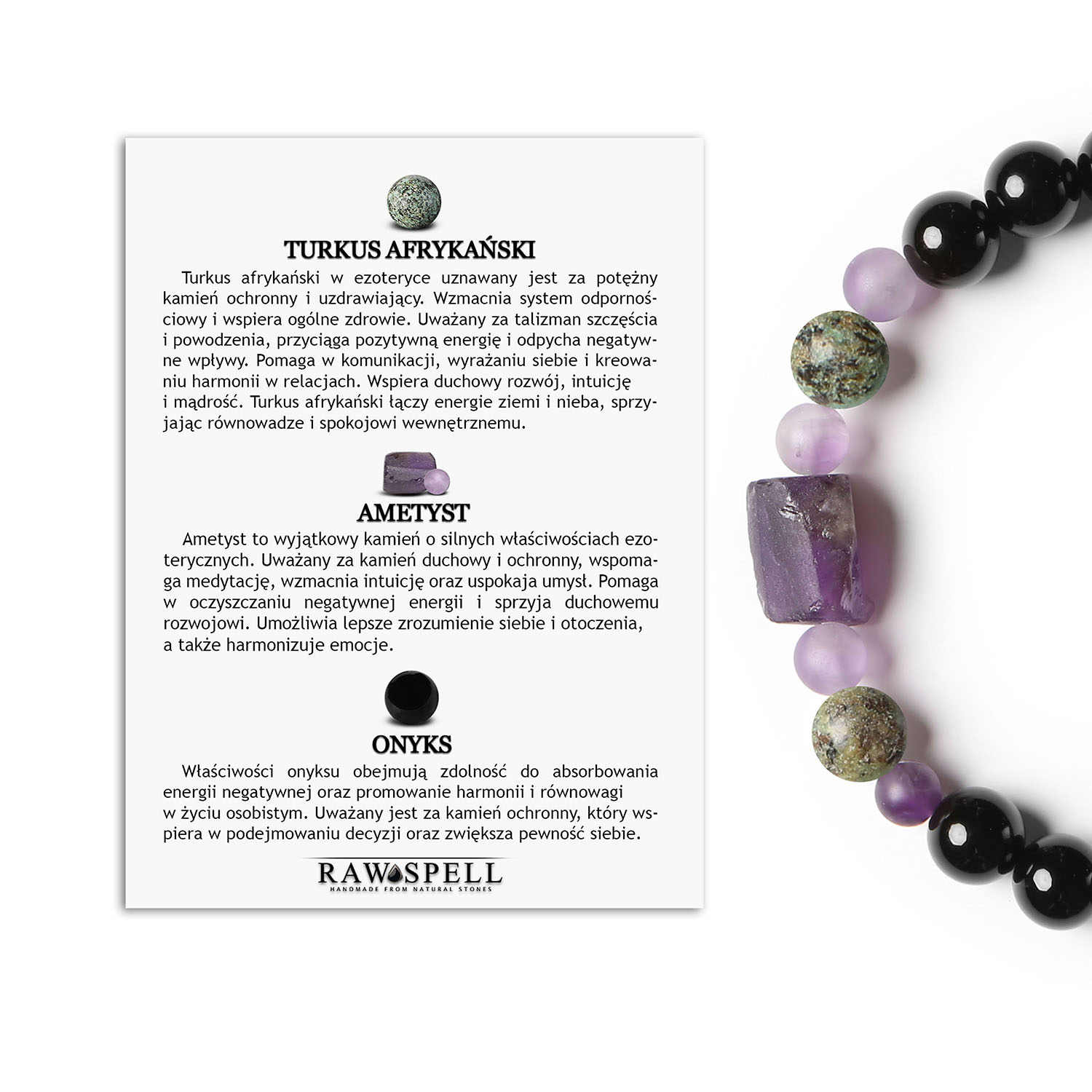 Stylowa bransoletka na sznurku Kema z turkusem afrykańskim, ametystem oraz onyksem, dedykowana dla kobiet i mężczyzn Bransoletka z kolekcji Kema wykonana z naturalnych kamieni: turkus afrykański, ametyst i onyks. Idealna dla kobiet i mężczyzn.