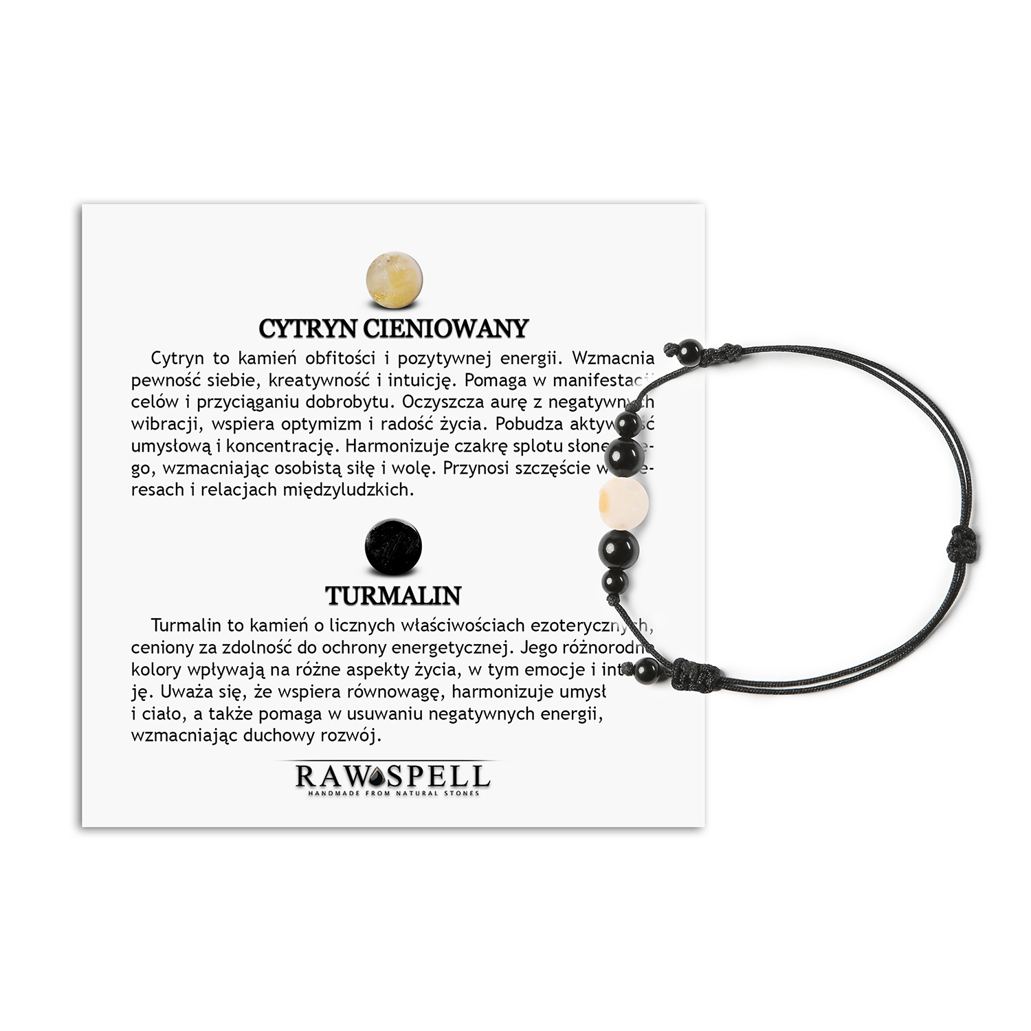 Stylowa bransoletka na sznurku z kolekcji Garie, cytryn cieniowany i turmalin, unisex Elegancka bransoletka Garie wykonana z naturalnych kamieni – cieniowany cytryn i turmalin, unisex.