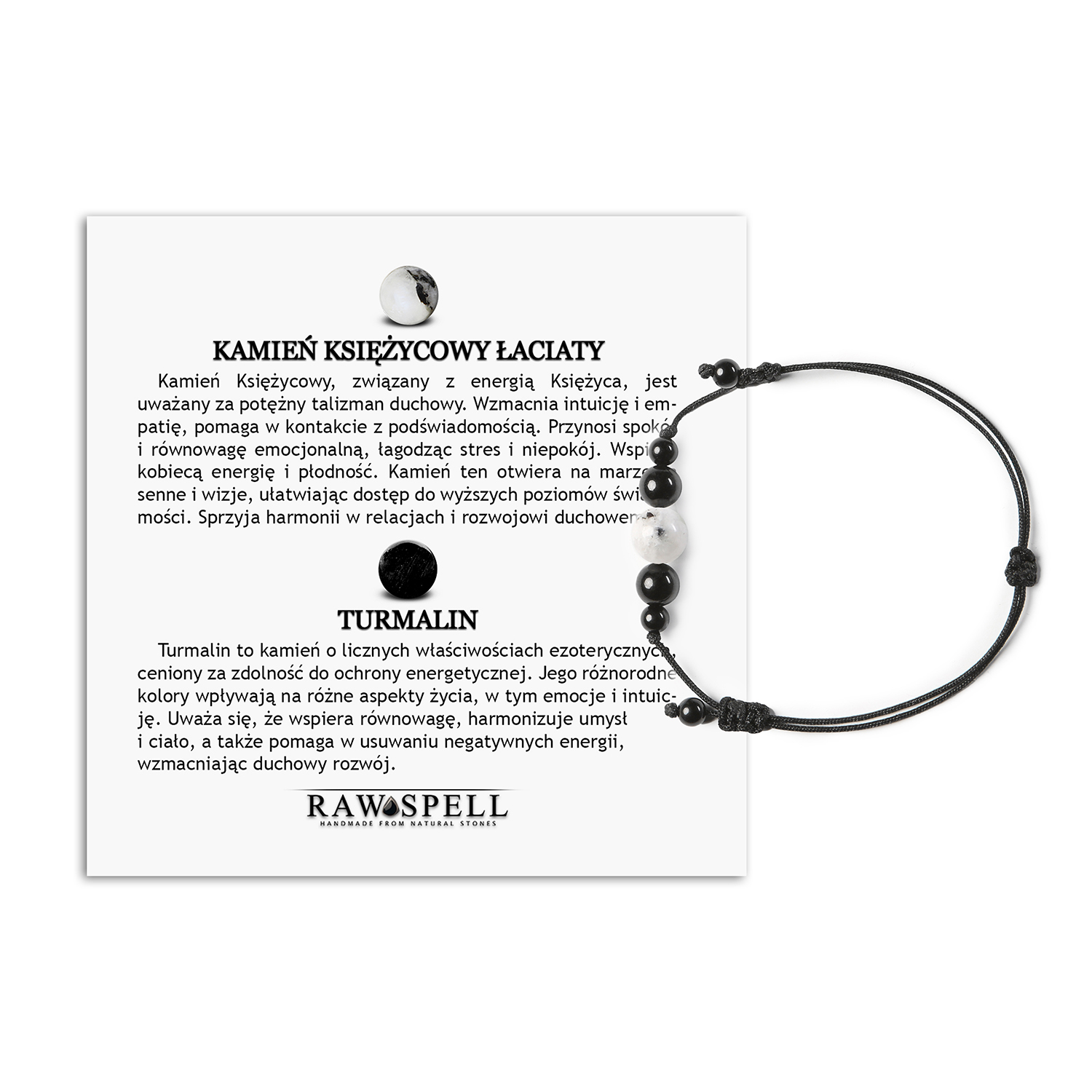 Stylowa bransoletka na sznurku z kolekcji Garie, ozdobiona Kamieniem Księżycowym Łaciatym oraz Turmalinem, dla niej i dla nie Stylowa bransoletka Garie z naturalnymi kamieniami - księżycowym łaciatym i turmalinem, idealna dla kobiet i mężczyzn.