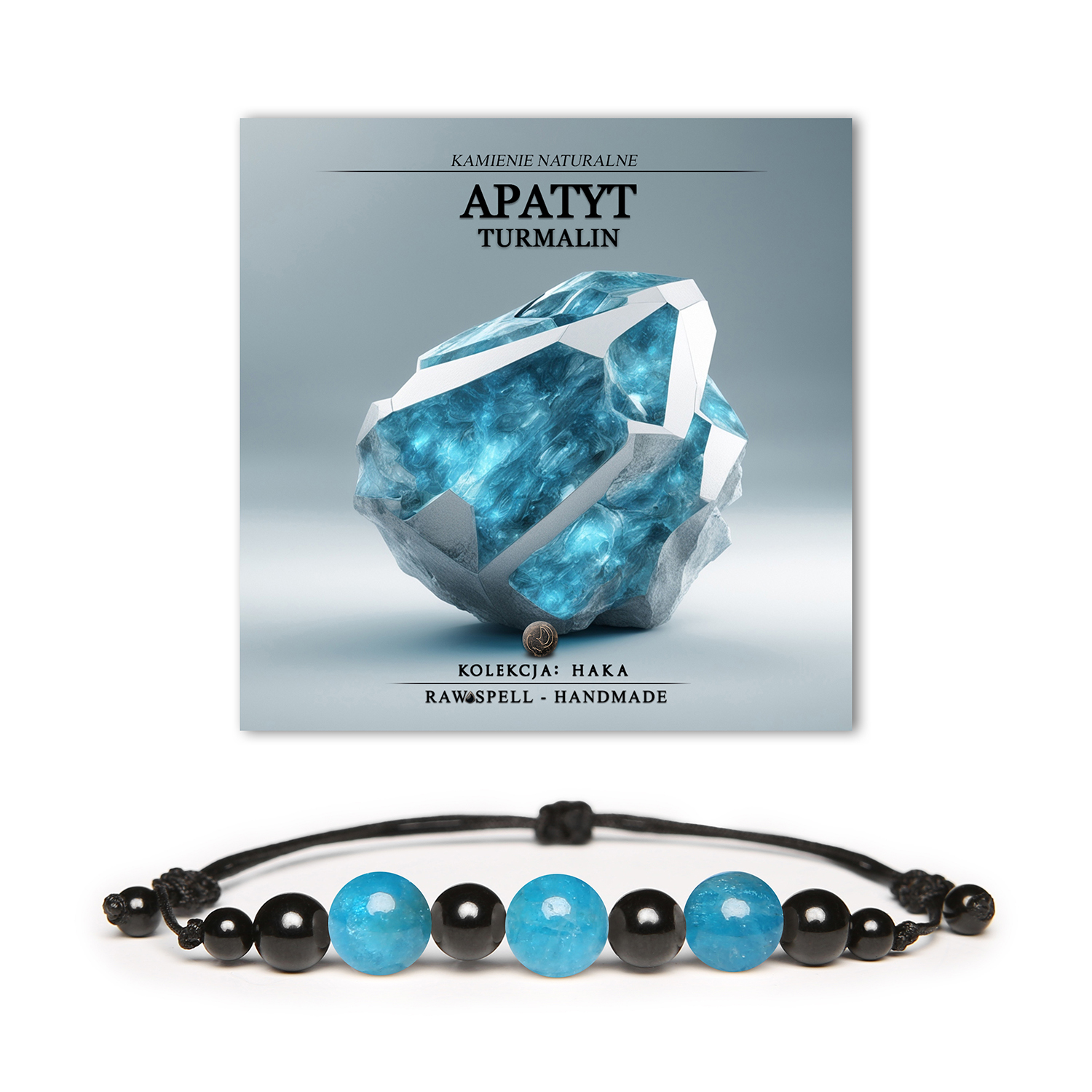 Bransoletka Haka z naturalnymi kamieniami: apatyt i turmalin, idealna dla kobiet i mężczyzn.