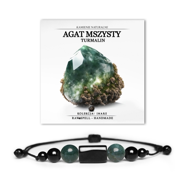 Elegancka bransoletka Inare z agatami mszystymi i turmalinem, idealna zarówno dla kobiet, jak i mężczyzn.