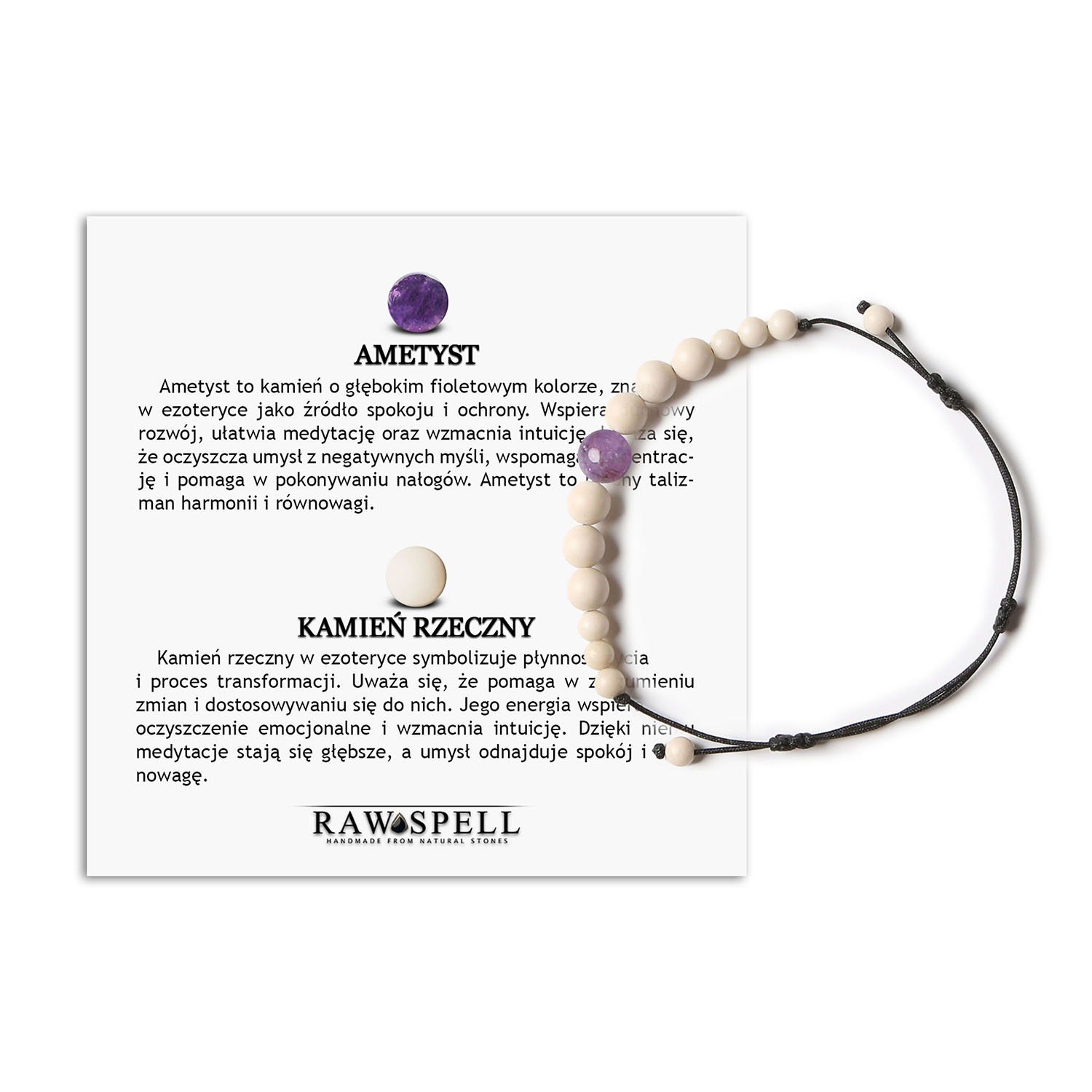 Stylowa bransoletka na sznurku z kolekcji Jaue, wykonana z ametystu i kamienia rzecznego, dla każdego Bransoletka z kolekcji Jaue z naturalnymi kamieniami: ametyst i kamień rzeczny, dostępna w wersji damskiej i męskiej.